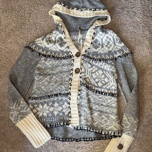 Free People Gray and Cream Patterned Hooded Cardigan